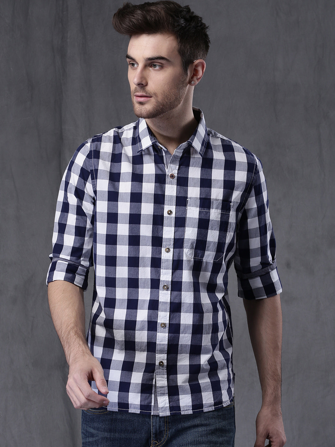 Men Navy White Slim Fit Checked Casual Shirt - Main Image
