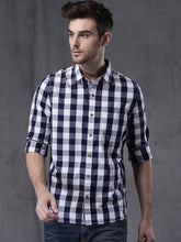 Load image into Gallery viewer, Men Navy &amp; White Slim Fit Checked Casual Shirt