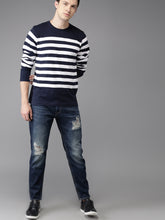 Load image into Gallery viewer, Men Navy Blue &amp; White Striped Round Neck T-shirt