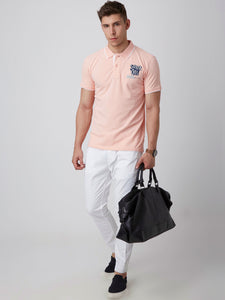 Men Pink Printed Polo Collar Slim Fit T-shirt