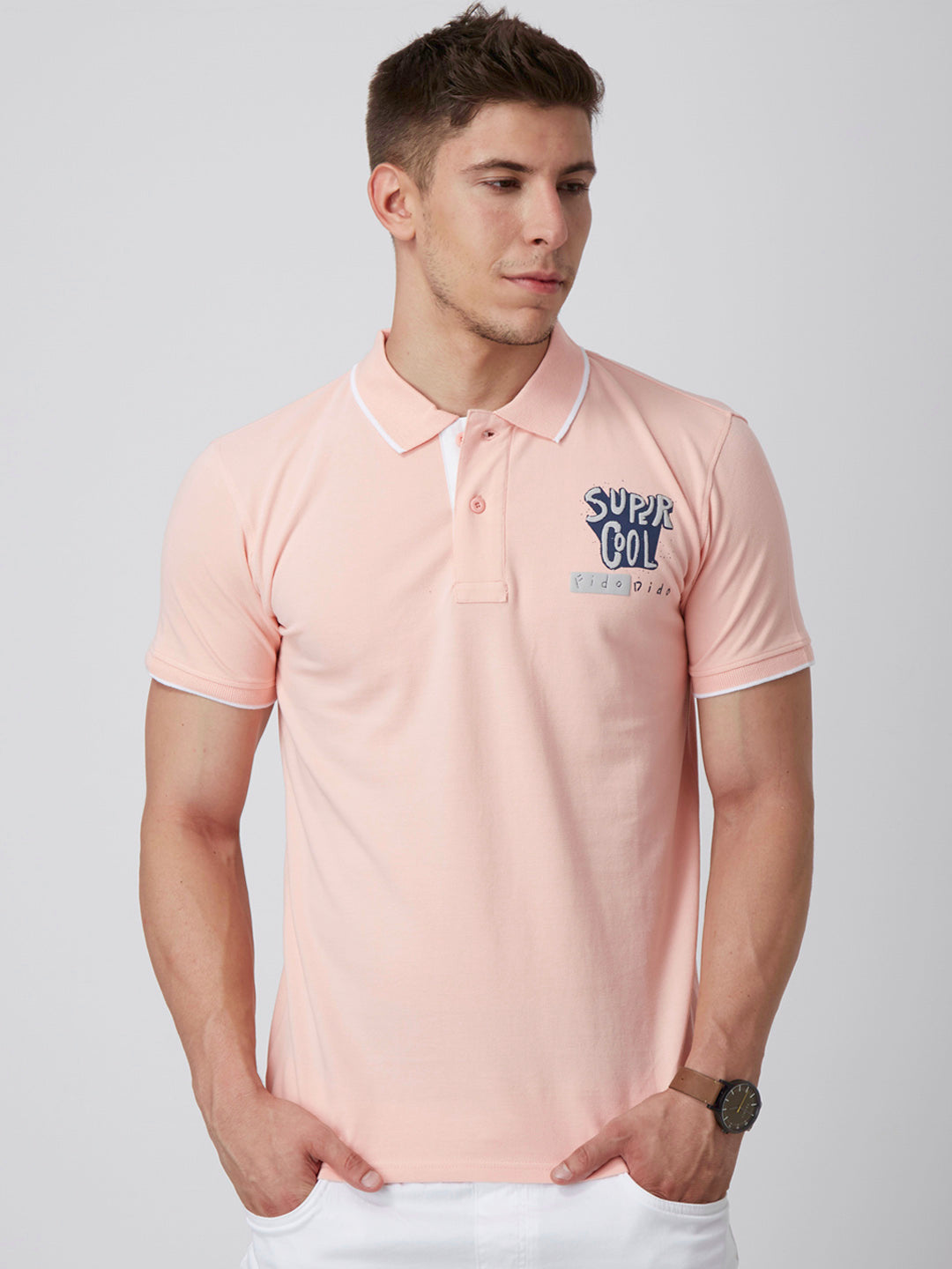 Men Pink Printed Polo Collar Slim Fit T-shirt