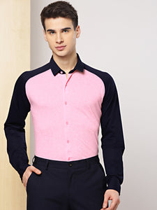 Men Pink & Navy Blue Slim Fit Knitted Stretchable Semiformal Shirt